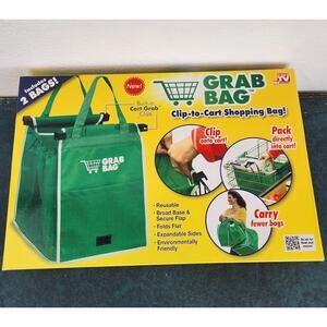Grab Bag Clip to Cart Green Shopping Bag 2 Pack NIB Reusable